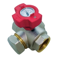 Мултифункционален топчест вентил со црвена рачка. Термометар од 0–120 °C