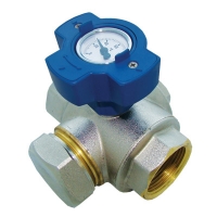 Мултифункционален топчест вентил со сина рачка. Термометар од 0–120 °C.