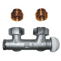 HERZ-3000 бајпас тело со интегрирана термостатска влошка за систем за греење со една цевка – аголен модел со 2 приклучни нипли